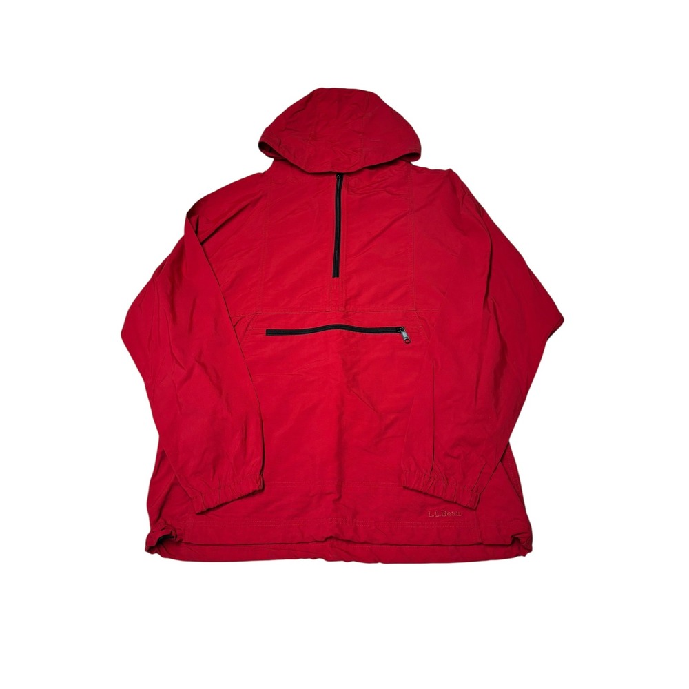 LL Bean Mens Anorak Windbreaker‎ Jacket Red Half Zip Hooded Nylon 274297 Medium